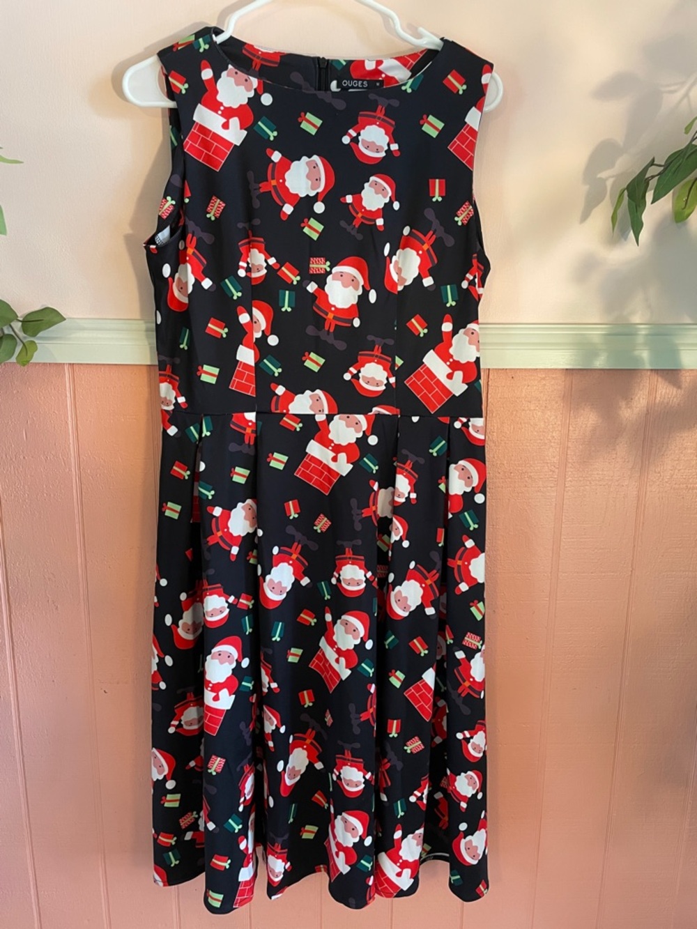 Santa Christmas Holiday Print Midi Dress with Tie Waist, Size Medium